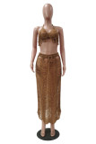 Camel Fashion Sexy Solid See-through Backless Halter Sleeveless Two Pieces