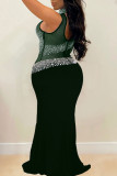 Green Sexy Plus Size Hot Drilling Split Joint See-through Turtleneck Evening Dress