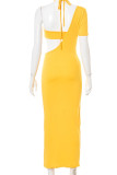 Red Sexy Solid Hollowed Out Patchwork Asymmetrical One Shoulder Pencil Skirt Dresses