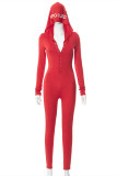 Red Fashion Casual Letter Embroidery Solid Color Hooded Collar Skinny Jumpsuits