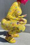 Yellow Sexy Print Patchwork Turtleneck Long Sleeve Two Pieces
