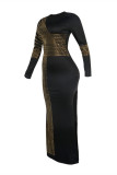 Gold Fashion Sexy Patchwork Hot Drilling Slit O Neck Long Sleeve Dresses