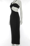Red Sexy Solid Hollowed Out Patchwork Asymmetrical One Shoulder Pencil Skirt Dresses