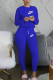 Dark Blue Casual Letter Embroidery Basic O Neck Long Sleeve Two Pieces