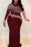 Black Sexy Plus Size Hot Drilling Split Joint See-through Turtleneck Evening Dress