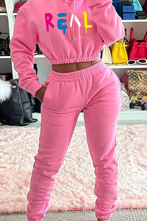 Pink Casual Print Patchwork Hooded Collar Long Sleeve Two Pieces