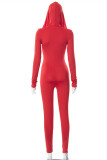 Red Fashion Casual Letter Embroidery Solid Color Hooded Collar Skinny Jumpsuits