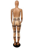 Khaki Fashion Casual Plaid Print Basic Spaghetti Strap Regular Jumpsuits