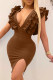 Coffee Fashion Sexy Solid Backless Slit Stringy Selvedge V Neck Sleeveless Dress
