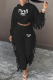 Black Fashion Print Tassel Hooded Collar Long Sleeve Two Pieces