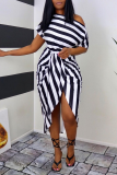 Black Sexy Striped Patchwork One Shoulder Irregular Dress Dresses