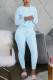 Light Blue Casual Letter Embroidery Basic O Neck Long Sleeve Two Pieces
