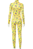 Yellow Sexy Print Patchwork Turtleneck Long Sleeve Two Pieces