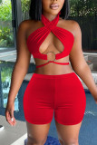 Red Sexy Solid Hollowed Out Patchwork Frenulum Halter Sleeveless Two Pieces