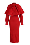 Green Elegant Solid Patchwork Fold With Bow Zipper Turtleneck Evening Dress Dresses