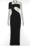 Red Sexy Solid Hollowed Out Patchwork Asymmetrical One Shoulder Pencil Skirt Dresses