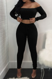 Black Casual Solid Split Joint Off the Shoulder Long Sleeve Two Pieces