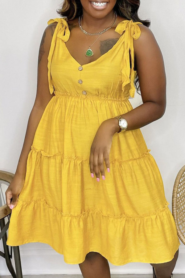 Yellow Sweet Solid Bandage Make Old V Neck Cake Skirt Dresses
