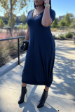 Blue Casual Solid Patchwork V Neck Straight Dresses