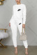 White Casual Letter Embroidery Basic O Neck Long Sleeve Two Pieces