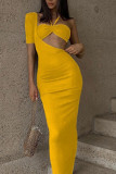 Yellow Sexy Solid Hollowed Out Patchwork Asymmetrical One Shoulder Pencil Skirt Dresses