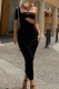 Black Sexy Solid Hollowed Out Patchwork Asymmetrical One Shoulder Pencil Skirt Dresses