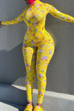 Yellow Sexy Print Patchwork Turtleneck Long Sleeve Two Pieces