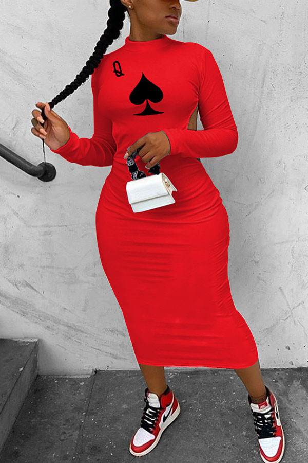 Red Fashion Sexy adult Ma'am Cap Sleeve Long Sleeves O neck Step Skirt Mid-Calf Print backless Dresses