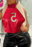 Red Fashion Casual Print Hollowed Out Turtleneck Tops