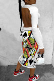 White Fashion Sexy adult Ma'am Cap Sleeve Long Sleeves O neck Step Skirt Mid-Calf Print backless Dresses