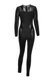 Black Fashion Sexy Patchwork See-through O Neck Skinny Jumpsuits
