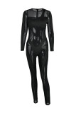 Black Fashion Sexy Patchwork See-through O Neck Skinny Jumpsuits