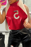 Red Fashion Casual Print Hollowed Out Turtleneck Tops