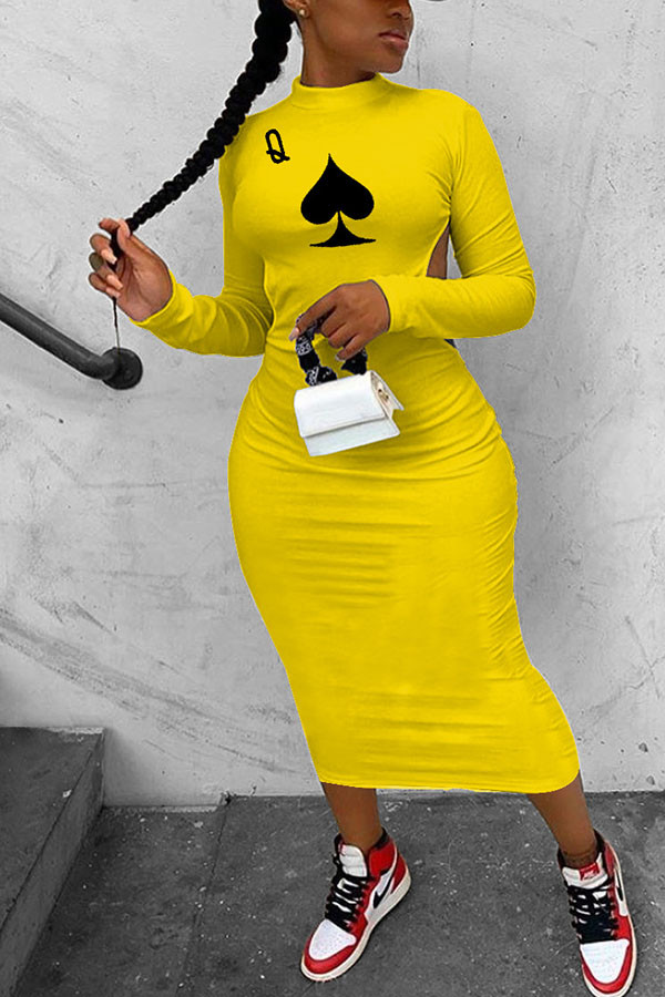 Yellow Fashion Sexy adult Ma'am Cap Sleeve Long Sleeves O neck Step Skirt Mid-Calf Print backless Dresses