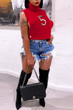 Red Fashion Casual Print Hollowed Out Turtleneck Tops