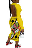 Yellow Fashion Sexy adult Ma'am Cap Sleeve Long Sleeves O neck Step Skirt Mid-Calf Print backless Dresses