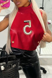 Red Fashion Casual Print Hollowed Out Turtleneck Tops
