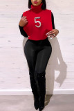 Red Fashion Casual Print Hollowed Out Turtleneck Tops