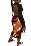 Black Fashion Sexy adult Ma'am Cap Sleeve Long Sleeves O neck Step Skirt Mid-Calf Print backless Dresses