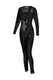 Black Fashion Sexy Patchwork See-through O Neck Skinny Jumpsuits