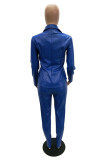 Royal Blue Street Solid Patchwork Turndown Collar Long Sleeve Two Pieces