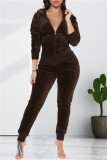 Coffee Fashion Casual Solid Cardigan Pants Hooded Collar Long Sleeve Two Pieces