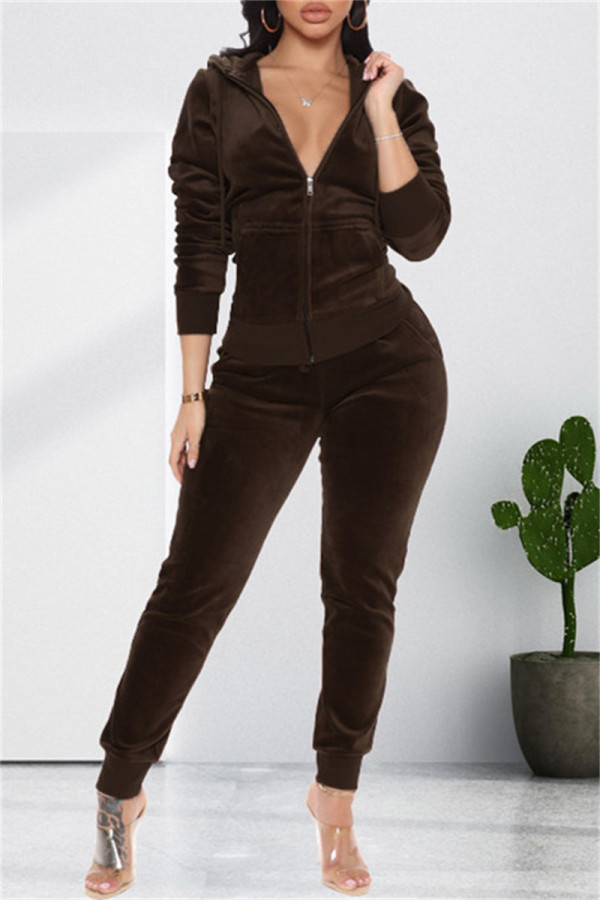Coffee Fashion Casual Solid Cardigan Pants Hooded Collar Long Sleeve Two Pieces