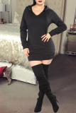 Black Fashion Casual Solid Basic Hooded Collar Long Sleeve Dresses