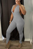 Grey Sexy Solid Backless Halter Straight Jumpsuits