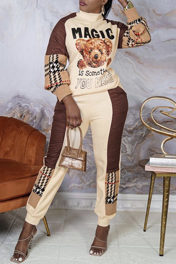 Apricot Fashion Casual Print Patchwork O Neck Long Sleeve Two Pieces