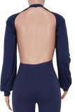 Navy Blue Sexy Solid Patchwork Backless O Neck Regular Jumpsuits