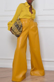 Yellow Fashion Casual Solid Basic Regular High Waist Wide Leg Trousers