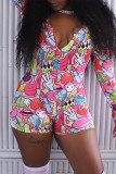 Multicolor Fashion Casual Print Basic V Neck Long Sleeve Skinny Romper