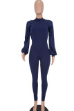 Navy Blue Sexy Solid Patchwork Backless O Neck Regular Jumpsuits